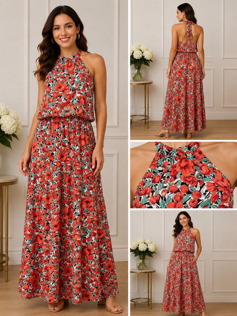 Women’s Temofon Red Floral Halter Maxi Dress Boho Sleeveless Flowy Size Small
